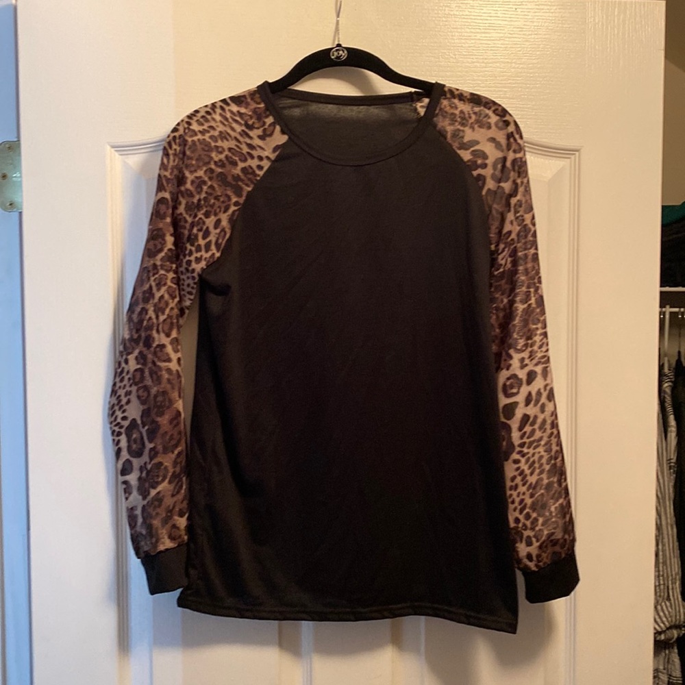 Long sleeve black shirt, sheer cheetah sleeves